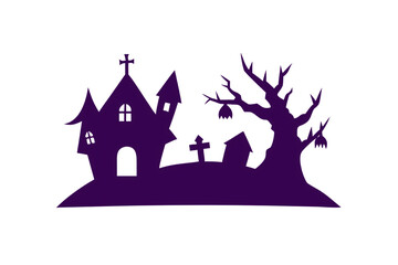 Purple silhouette of spooky church with gnarled tree and flying bats, isolated on a transparent background