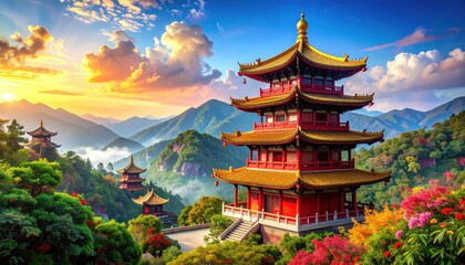 Obraz premium A stunning vista of traditional Chinese pagodas nestled amidst vibrant mountain scenery at sunrise.