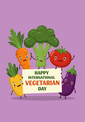 Happy International Vegetarian Day Celebrating with Fun Vegetable Characters and a Cheerful Message