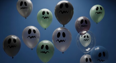 Spooky Halloween fun with colorful ghost balloons floating against a dark blue background for festive party decorations and celebrations