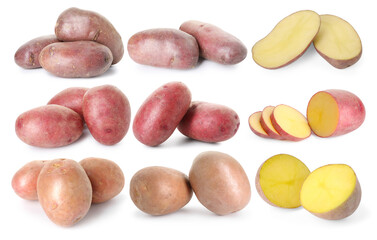 Different types of raw potatoes isolated on white, collage. Whole and cut