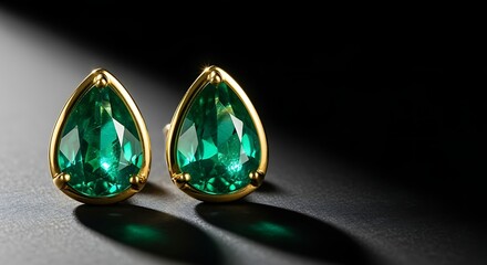 Fototapeta premium Elegant Emerald and Gold Pear Drop Earrings on Dark Background