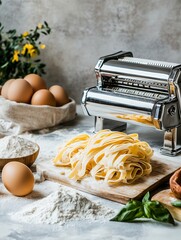 Fresh homemade pasta ingredients with eggs, flour, and a pasta machine on a rustic kitchen surface