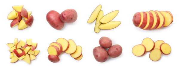 Raw red potatoes isolated on white, collage. Whole and cut