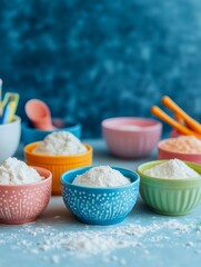A vibrant array of colorful baking ingredients in bowls, perfect for creative culinary projects and recipes