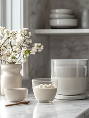 Fresh homemade yogurt in a glass with a yogurt maker in a bright kitchen setting, evoking simplicity and freshness