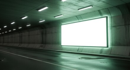 Blank billboard advertisement shines brightly in modern urban tunnel, perfect for promotions and creative advertising campaigns