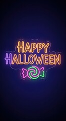 Get ready for spooky season with vibrant Happy Halloween neon sign and candy icon against dark background for festive designs