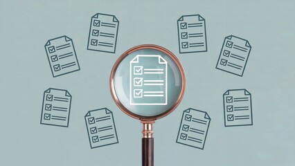 Magnifying glass reveals detailed checklist on paper amidst scattered task lists, symbolizing thorough review, analysis, and project management for business success and efficiency.
