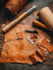 Leather crafting supplies on a rustic workbench, featuring tools and materials for handmade leather goods