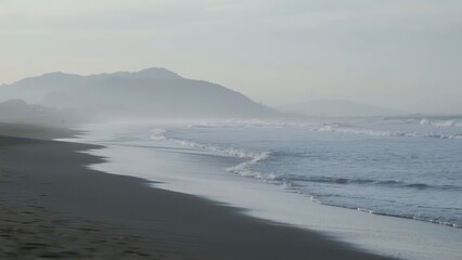 Obraz premium The seaside beach, with mist and waves, has cliffs and trees along the shore, creating a quiet and distant atmosphere.