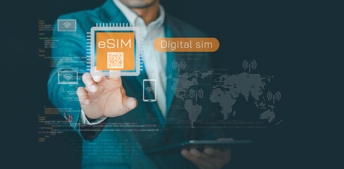 eSIM embedded, digital SIM concept. embedded in electronic devices such as smartphones, tablets or IoT devices, AI technology, digital communication innovation using QR code