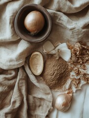 A rustic arrangement of onions, garlic, and spices on textured fabric, showcasing a natural culinary aesthetic