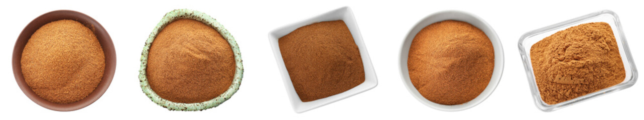 Cinnamon powder in bowls isolated on white, set. Top view