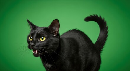 Expressive black cat hissing with bright green background, perfect for Halloween promotions or pet care advertising campaigns