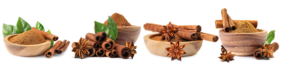 Cinnamon sticks and powder isolated on white, set