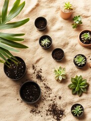 Various succulents in pots arranged on a sandy surface, creating a natural and organic display with copy space