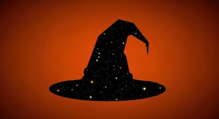 Enchanting witch hat silhouette filled with twinkling stars against a warm orange backdrop perfect for Halloween promotions