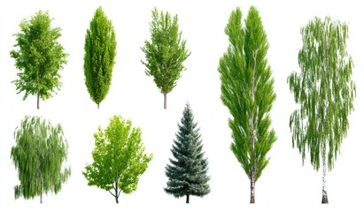 Nine diverse trees, vibrant green foliage, isolated on white background