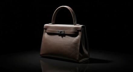Naklejka premium A brown leather Kelly bag stands on a reflective black surface against a black backdrop