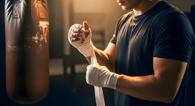 Boxer wrapping hands with athletic tape before intense training session in a dimly lit gym setting