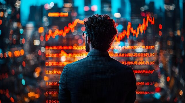 A professional man analyzes an upward trending market chart symbolizing financial growth and economic success in a modern cityscape