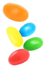 Sweet jelly beans falling against white background