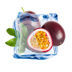 Fresh passion fruits in ice cube on white background