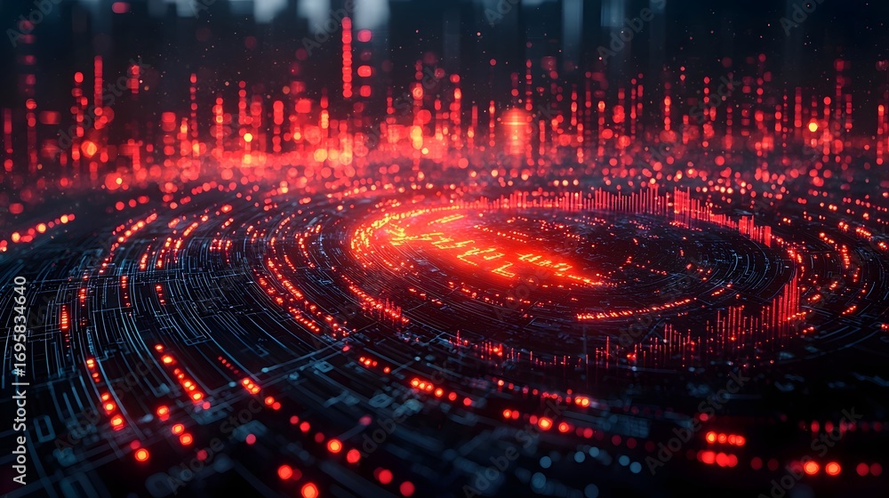 Aufkleber futuristic digital interface with glowing red data streams symbolizing technological innovation and 