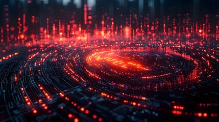 Futuristic digital interface with glowing red data streams symbolizing technological innovation and financial growth