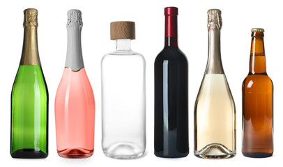 Bottles with different alcoholic drinks isolated on white, set
