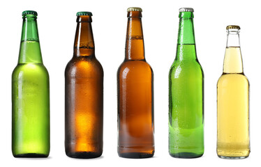 Bottles with different types of beer isolated on white, set