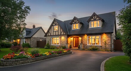 A stone house with a dark roof illuminated by warm lights sits at dusk with a flowerlined driveway