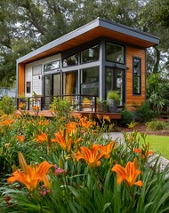 Modern Tiny House with Orange Flowers and Deck