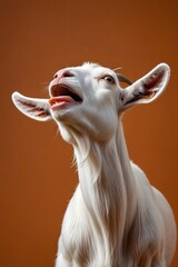 A joyful and expressive pygmy goat in a moment of pure, uninhibited happiness, captured in a series of playful and sophisticated photos.