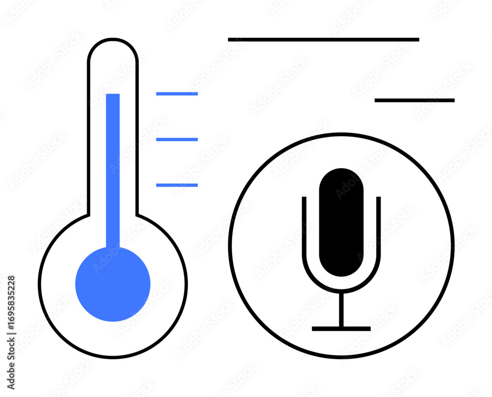 Aufkleber thermometer symbol with blue temperature level and a microphone icon suggesting sound and audio func
