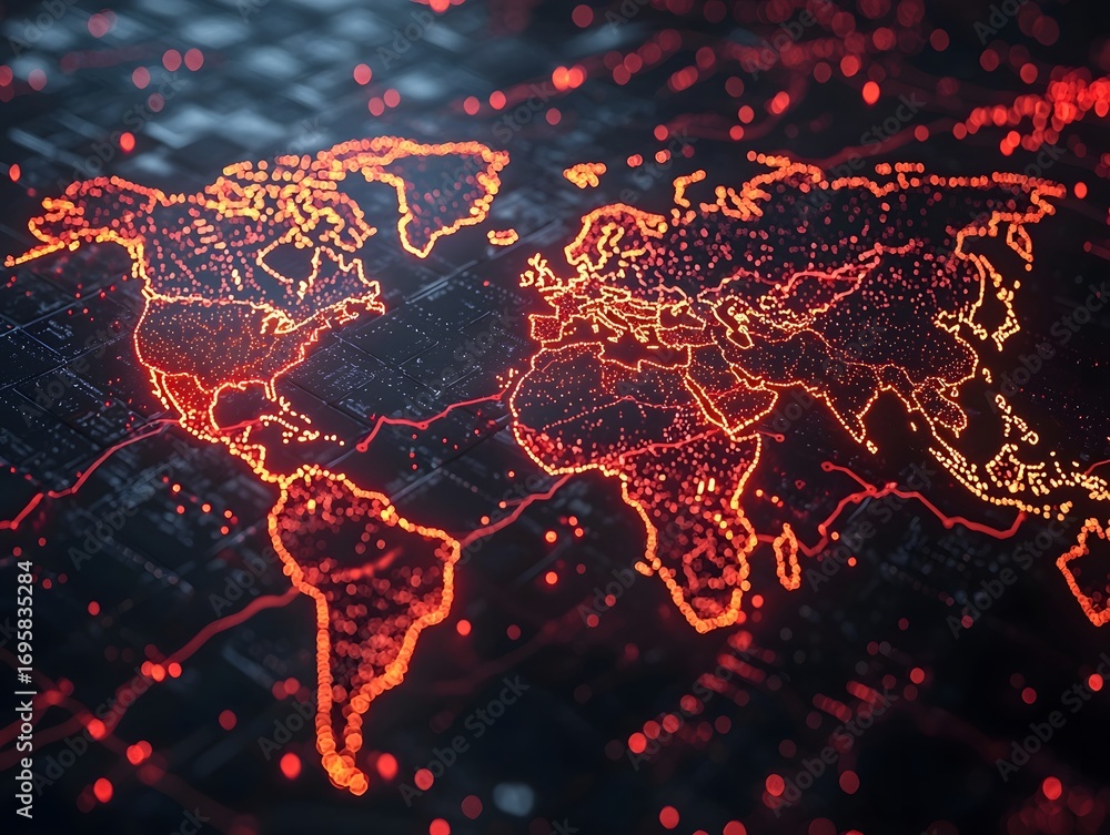 Aufkleber a digital world map rendered with glowing red lines and data points illustrates global connections a