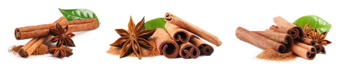 Cinnamon sticks and powder isolated on white, set
