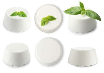 Delicious ricotta cheese isolated on white, collage. Top and side view