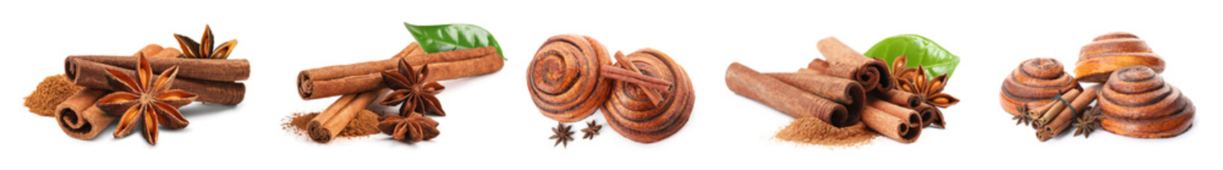 Cinnamon rolls, sticks and powder isolated on white, set