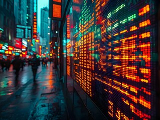 Obraz premium Vibrant city street at night illuminated by glowing digital screens displaying financial data and reflecting on wet pavement