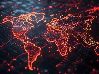 A digital world map rendered with glowing red lines and data points illustrates global connections and technological networks