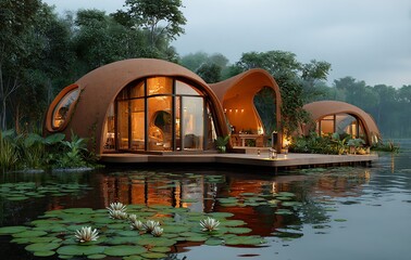 Modern Dome Houses on a Tranquil Lake at Dusk