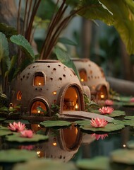Enchanted Clay Cottages on a Lotus Pond at Dusk