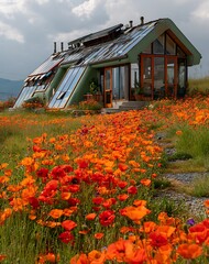 Modern Green House Amongst Orange Poppy Field