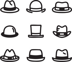 Hats vector icon set: fedora, top hat, bowler, and more eps silhouette