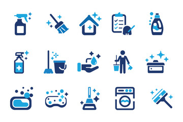 House cleaning icon set. Containing washing, broom, soap, maid, laundry, home cleaning, sponge, vacuum cleaner, mop and more. Solid vector icons collection. 
