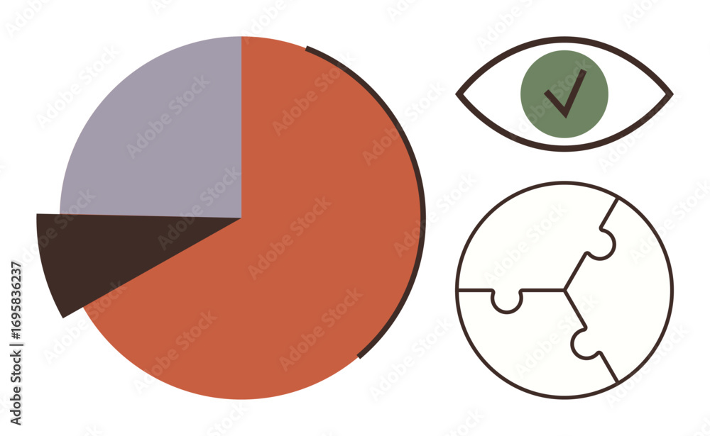 Poster pie chart in red, purple, black, eye with green checkmark, puzzle globe. ideal for data analysis, in