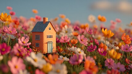 Orange House in a Cosmos Flower Field at Sunset