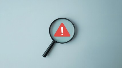 Magnifying glass reveals critical warning symbol, highlighting urgent attention needed for important alerts and potential risks in business and safety contexts.